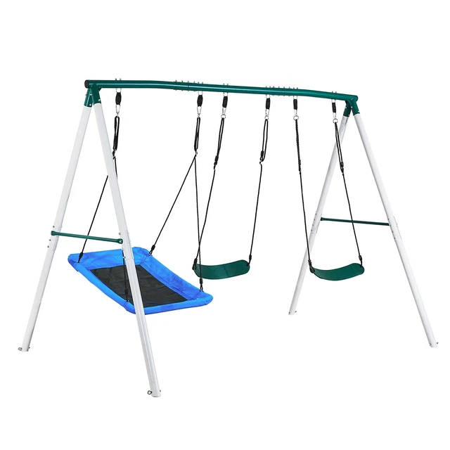Alt view image 8 of 8 - VEVOR Swing Set for Backyard, 45 x 30 in Swing Seat and Two Belt Seats, with Heavy Duty A-Frame Metal Stand, 700 lbs Load Capacity, Reinforced with Spiral Ground Anchors, Swingset Outdoor for Kids