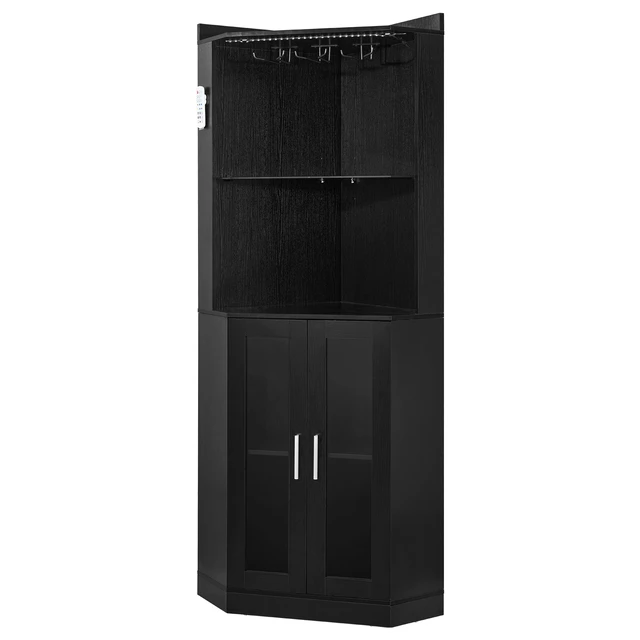 Alt view image 8 of 8 - VEVOR Corner Wine Cabinet, Bar Cabinet with Ample Storage, Modern Buffet Sideboard with Glass Holder, Adjustable LED Brightness, Anti-Tip Strap, for Home Kitchen, Living Room, Dining Room, Black Wood