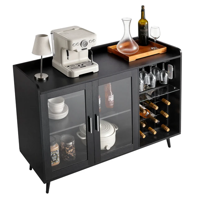Alt view image 8 of 8 - VEVOR Wine Cabinet, Coffee Bar Cabinet with 9 Wine Bottle Racks, Modern Buffet Sideboard with Glass Holder, Adjustable LED Brightness, for Home Kitchen, Living Room, Dining Room, Black Wood Grain
