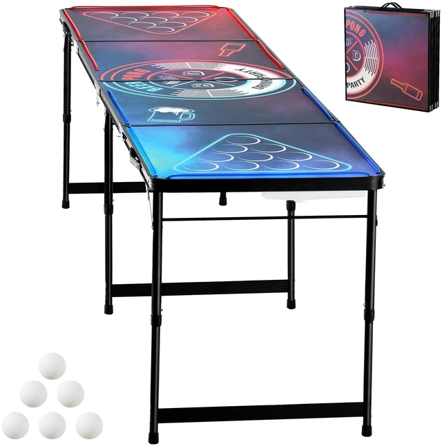 Main image of VEVOR 8 Foot Portable Beer Pong Table, LED Lights, Foldable Tailgate Table with Carrying Handles and 6 Pong Balls, Adjustable Height, Lightweight Table for Office, Tailgate Party, Travel & Camping