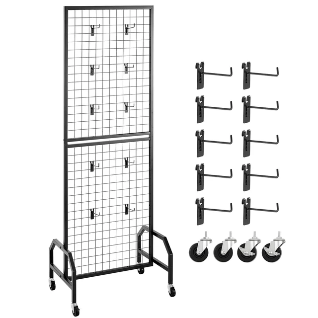 Alt view image 9 of 9 - VEVOR Grid Wall Panel 1.9 x 5.4 ft Wire Display Rack with Wheels and 10 Hooks