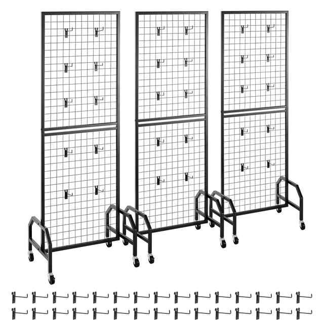 Alt view image 2 of 2 - VEVOR 3 Packs Grid Wall Panel 1.9 x 5.4 ft Wire Display Rack with Wheels & Hooks