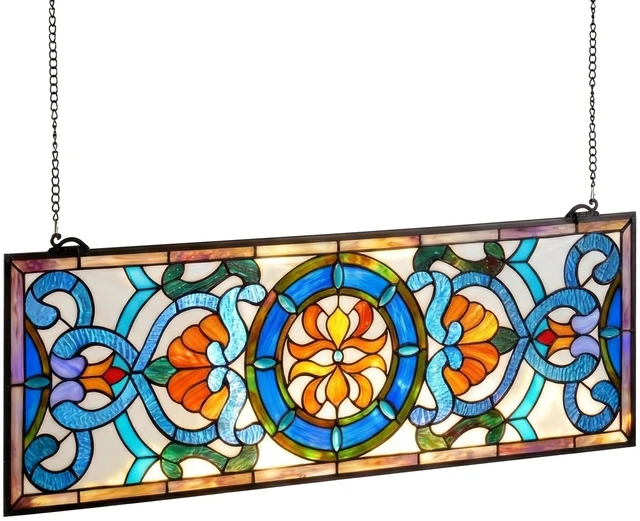 Alt view image 8 of 8 - VEVOR Stained Glass Window Panel, 35.1" x 12.9" Tiffany Style Hanging Transom Window Panel with Chain, Large Horizontal Rectangle Stain Glass, Vintage Traditional Art Handcrafts for Kitchen Home Decor