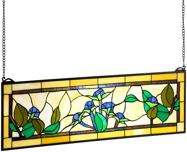 Alt view image 15 of 15 - VEVOR Stained Glass Window Panel, 35.2" x 13.1" Tiffany Style Hanging Transom Window Panel with Chain, Large Horizontal Rectangle Stain Glass, Vintage Traditional Art Handcrafts for Kitchen Home Decor