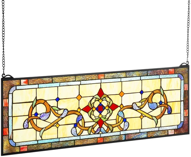 Alt view image 15 of 15 - VEVOR Stained Glass Window Panel, 32" x 11" Tiffany Style Hanging Transom Window Panel with Chain, Large Horizontal Rectangle Stain Glass, Vintage Traditional Art Handcrafts for Kitchen Home Decor