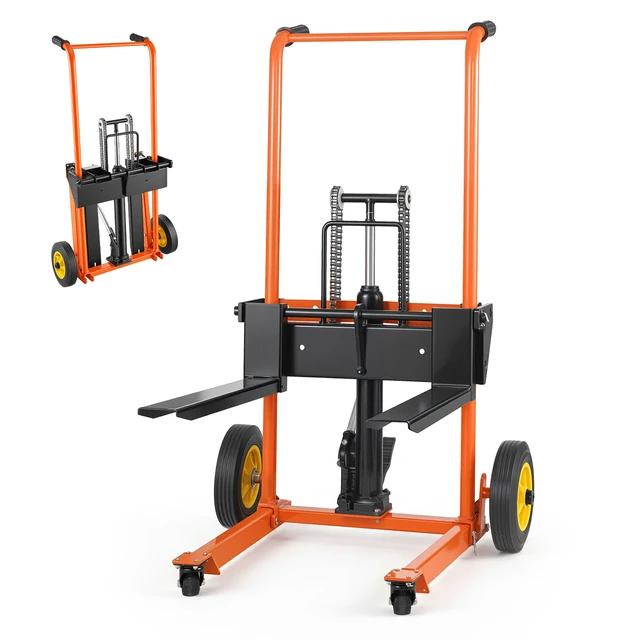 Alt view image 8 of 8 - VEVOR Hydraulic Material Lift Winch Stacker, 450 lbs Load Capacity, Pallet Truck Dolly with Fork Lift Table, 39.4 Inches Max Lifting Height, Foldable & Portable Pallet Jack Table Cart, Orange & Black
