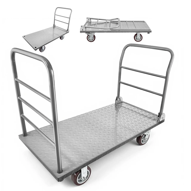 Alt view image 8 of 8 - VEVOR Platform Truck, 2650 lbs Capacity, Heavy Duty Flatbed Cart Dolly with Detachable Guardrail and Swivel Wheels, Foldable Hand Push Truck Cart, for Groceries, Garage, Warehouse, 48 x 24 x 36.2 in