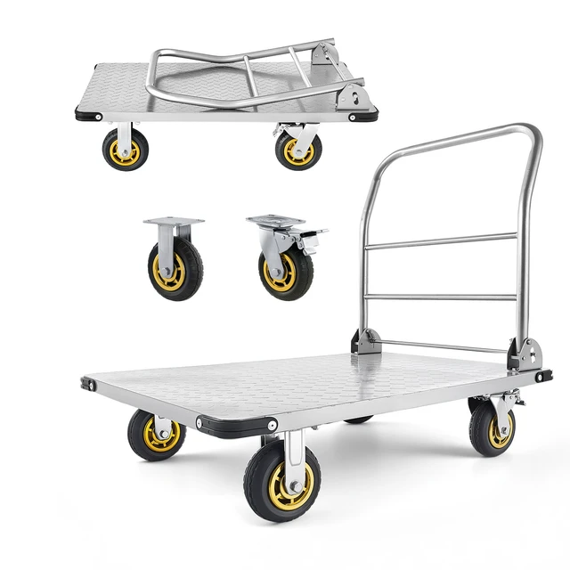 Alt view image 8 of 8 - VEVOR Platform Truck, 2000 lbs Capacity, Heavy Duty Steel Flatbed Cart with Swivel Wheels and Handle, Foldable Platform Hand Push Truck Dolly, for Groceries, Garage, Warehouse, 35.4 x 23.6 x 35.4 in