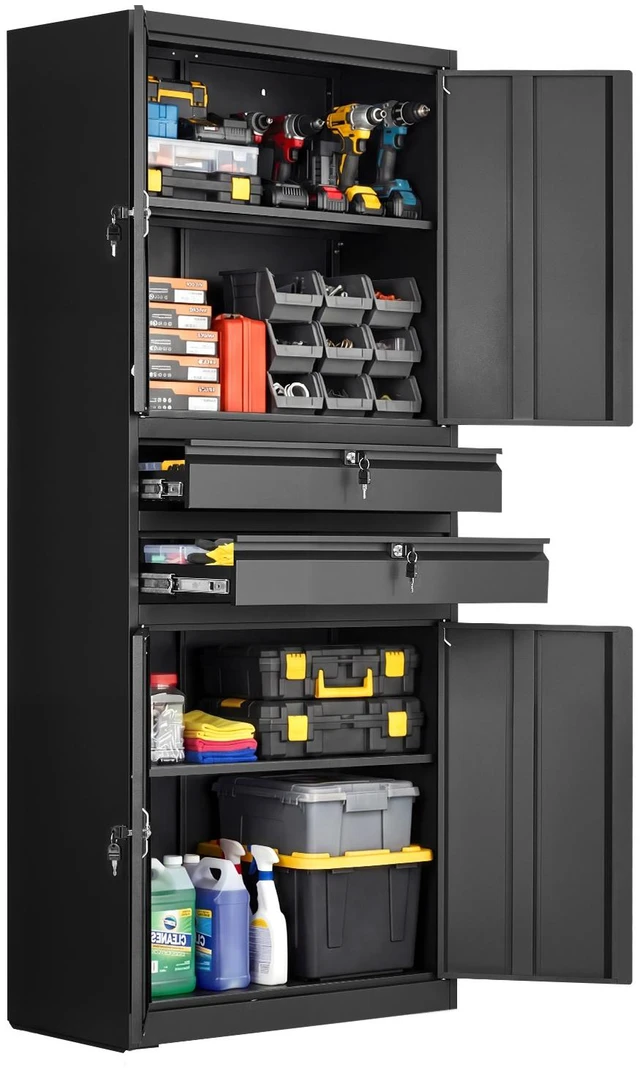 Alt view image 8 of 8 - VEVOR Metal Storage Cabinet, 180 lbs Shelf Load Capacity, 70.87" Tall Garage Tool Storage Cabinet with 4 Locking Doors and Adjustable Shelves, 2 Drawers, for Garage, Home, Office, Utility Room, Black