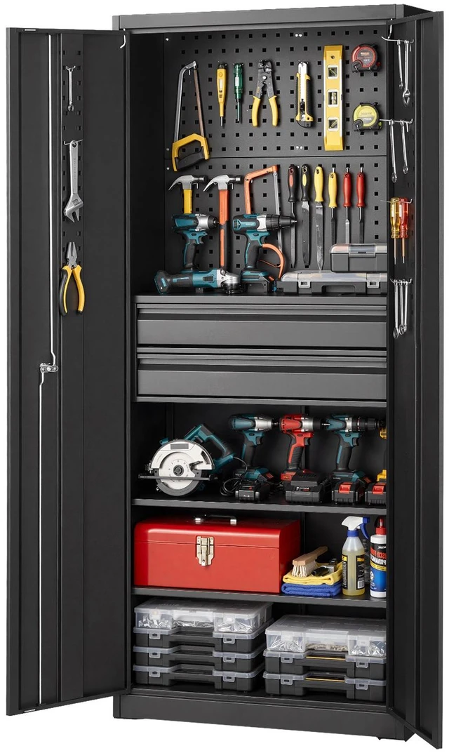 Alt view image 8 of 8 - VEVOR Metal Storage Cabinet, 180 lbs Shelf Load Capacity, 70.87" Tall Garage Tool Storage Cabinet with 2 Locking Doors, Adjustable Shelves, 2 Drawers, Pegboard, for Garage, Home, Office, Utility Room