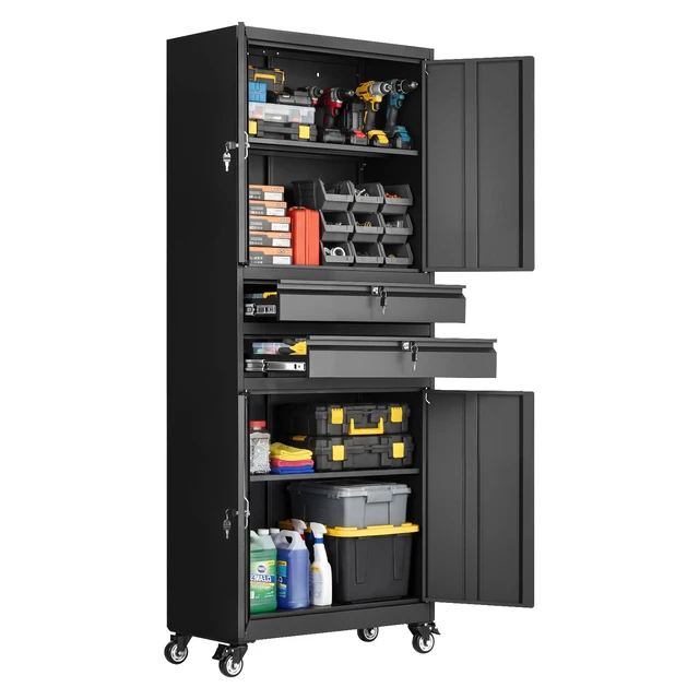 Alt view image 8 of 8 - VEVOR Metal Storage Cabinet with Wheels, 180 lbs Shelf Load Capacity, 75" Tall Rolling Garage Tool Storage Cabinet with 4 Locking Doors and Adjustable Shelves, 2 Drawers, for Garage, Office, Home