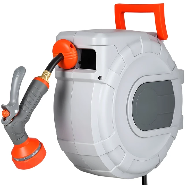 Alt view image 8 of 8 - VEVOR Retractable Garden Hose Reel, 1/2 in x 50 ft, Wall Mounted Hose Reel with 9-Function Sprayer Nozzle and 180° Swivel Bracket, Any Length Lock, Automatic Slow Rewind System, for Garden Watering
