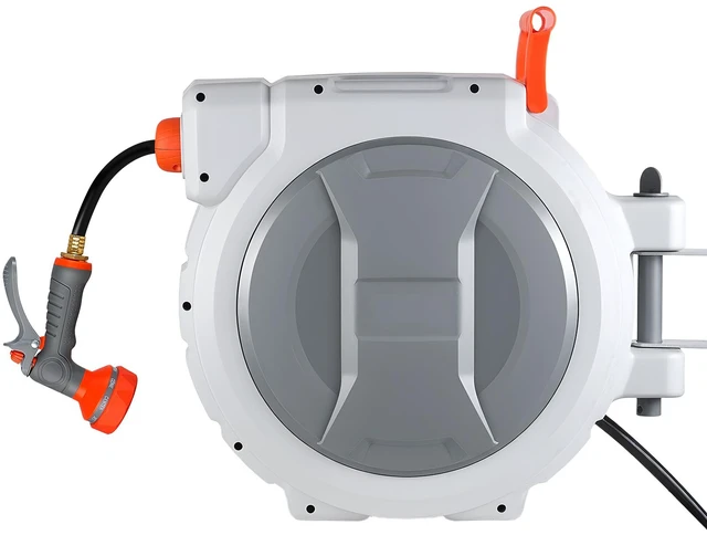 Main image of VEVOR Retractable Garden Hose Reel, 1/2 in x 130 ft, Wall Mounted Hose Reel with 9-Function Sprayer Nozzle and 180° Swivel Bracket, Any Length Lock, Automatic Slow Rewind System, for Garden Watering