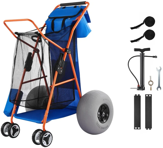 Main image of VEVOR Beach Cart with Large Wheels for Sand, 165 lbs Load Capacity, Heavy Duty Folding Beach Wagon with 12" Balloon Wheels, Insulated Cooler Bag, Umbrella Holder, Holds 4 Chairs for Camping & Fishing