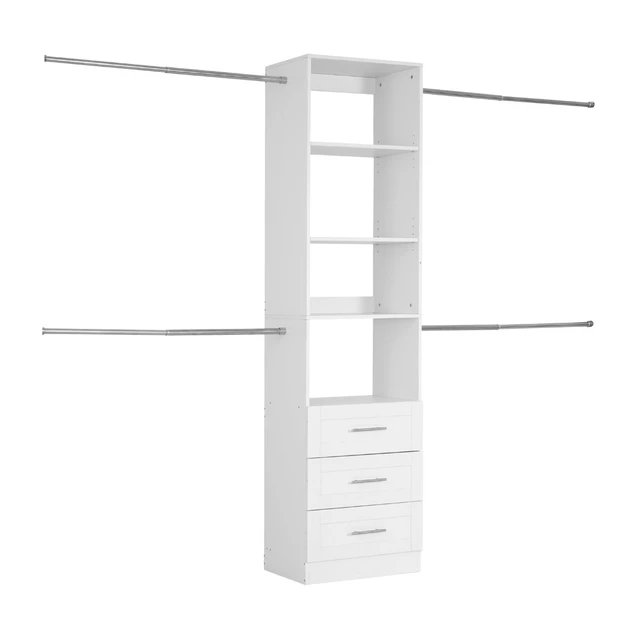 Alt view image 9 of 9 - VEVOR Closet System with 3 Drawers, Adjustable Height Wooden Closet Organizers, Modern Walk-in Wardrobe Organization with 4 Retractable Clothes Hanger Rods, Freestanding Garment Rack Storage, White