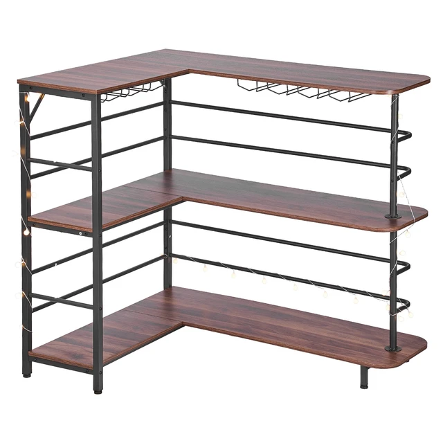 Alt view image 8 of 8 - VEVOR Home Bar Unit, L-Shaped Wine Bar Cabinet Table 3-Tier with Storage Shelves, Adjustable Foot Pads, LED Light, Walnut Finish & Metal Frame Liquor Cabinet for Home, Kitchen,Living Room,Pub,Basement