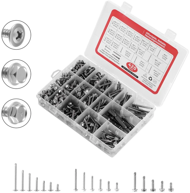 Alt view image 9 of 9 - VEVOR 420 Pc Self Drilling Screw Assortment Set #8 #10 Hex/Phillips Head 1/2 to 2 Inch