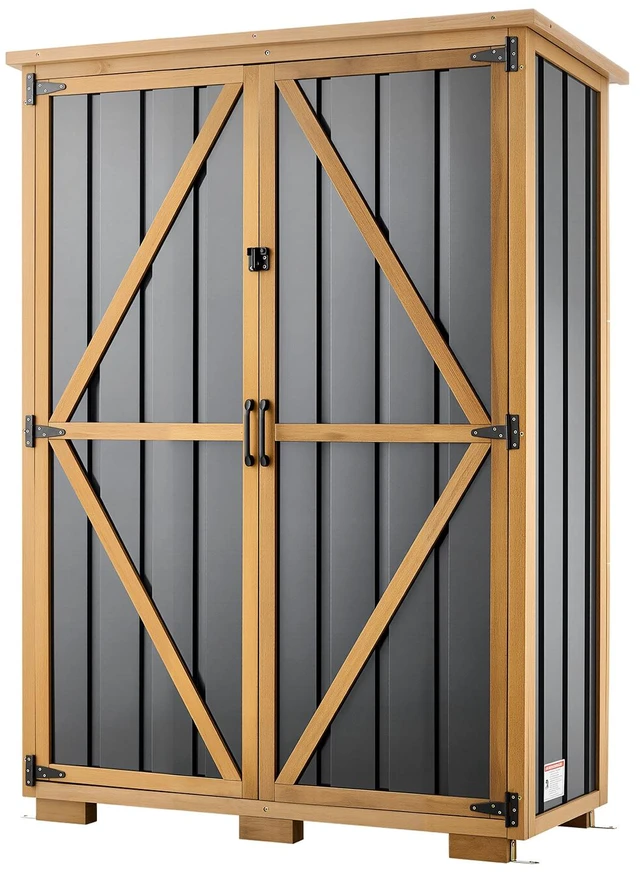 Main image of VEVOR Outdoor Storage Shed, 46.06" x 62.99" Wood & Metal Garden Tool Shed with Lockable Doors & Sloped Roof, Waterproof Outside Storage Cabinet with Shelves/Floor for Backyard Patio Lawn, Black/Brown