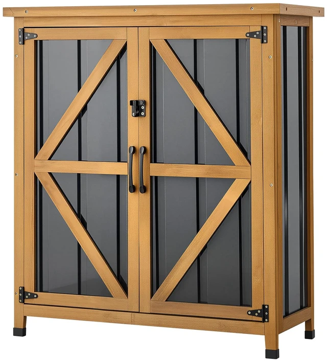Main image of VEVOR Outdoor Storage Shed, 33.86" x 37.4" Wood & Metal Garden Tool Shed with Lockable Doors & Sloped Roof, Waterproof Outside Storage Cabinet with Shelf & Floor for Backyard Patio Lawn, Black/Brown