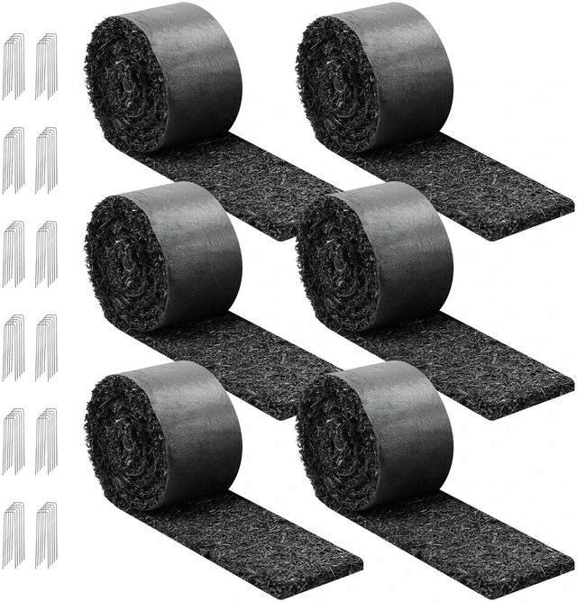 Main image of VEVOR Rubber Mulch Mat Roll, 6 Rolls 120 x 4.5 in, Recycled Rubber Permanent Mulch Edging Border, Natural-Looking Flower Barrier with Stakes, 0.5 in Thick Cuttable Garden Edgings for Landscaping