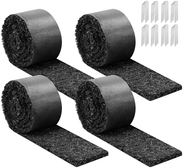 Main image of VEVOR Rubber Mulch Mat Roll, 4 Rolls 120 x 4.5 in, Recycled Rubber Permanent Mulch Edging Border, Natural-Looking Flower Barrier with Stakes, 0.5 in Thick Cuttable Garden Edgings for Landscaping