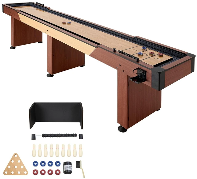 Main image of VEVOR 12 ft Shuffleboard Table, 2 in 1 Shuffleboard and Bowling Combo Set, Shuffle Board with Rustic Wood Finish, Scratch-Resistant Playfield, 8 Pucks, Bowling Set, Wax, Brush, for Family Game Room