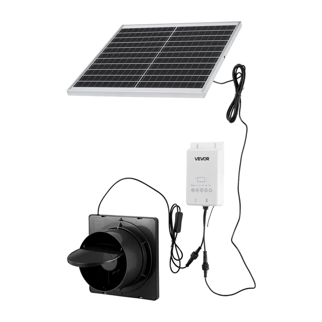 Alt view image 7 of 7 - VEVOR Solar Powered Fan, 20W Solar Panel with Battery Storage, 220 CFM Airflow, Adjustable Panel Angle, 2030 RPM High-Speed, Fast Air Exchange for Greenhouse, Grow Tents, Chicken Coops, Shelters