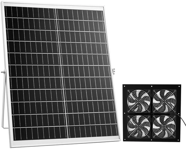 Main image of VEVOR Solar Powered Fan, 25W Solar Panel with 4 Fans, Adjustable Solar Panel Angle, 2668 RPM High-Speed, Flexible Installation, Fast Air Exchange for Greenhouse, Grow Tents, Chicken Coops, Shelters