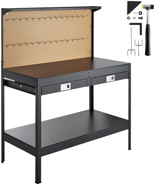 Alt view image 15 of 15 - VEVOR Hardwood Workbench, 242.5 lbs Weight Capacity, 47.2-inch Heavy Duty Workbench with Pegboard, 4 AC Outlets & 2 USB Ports, 4.9 ft Cable & 30 Hooks, Garage Work Bench with Drawer for Workshop