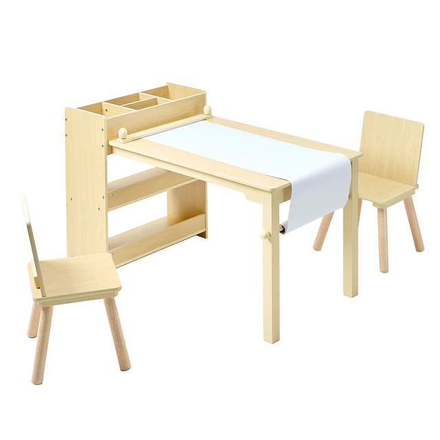 Alt view image 9 of 9 - Kids Art Table and Chair Set, Toddler Craft Table with 3 Tiers Storage Cabinet, Wooden Kids Activity Play Desk with 2 Chairs, Craft Play Desk for Reading, Learning, Drawing, Writing, Light Wood