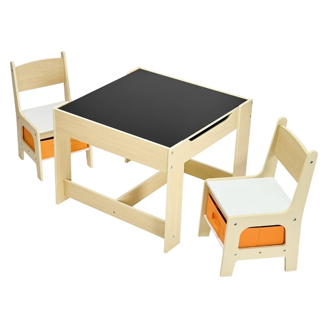 Alt view image 9 of 9 - Kids Table and 2 Chairs Set, Toddler Table and Chair Set with Storage Space under the Table, Cloth Storage Box under the Chairs, Wooden Desk for Art, Craft, Reading, Learning, Drawing, Burlywood