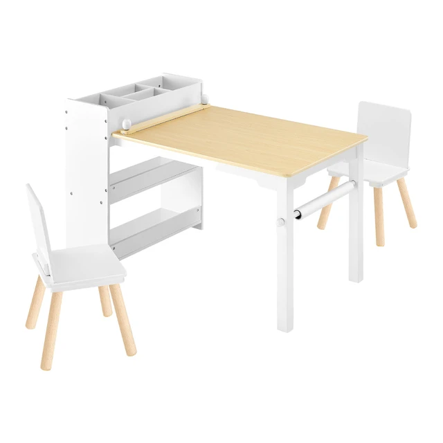 Alt view image 9 of 9 - Kids Art Table and Chair Set, Toddler Craft Table with 3 Tiers Storage Cabinet, Wooden Kids Activity Play Desk with 2 Chairs, Art Craft Play Desk for Reading, Learning, Drawing, Writing, White