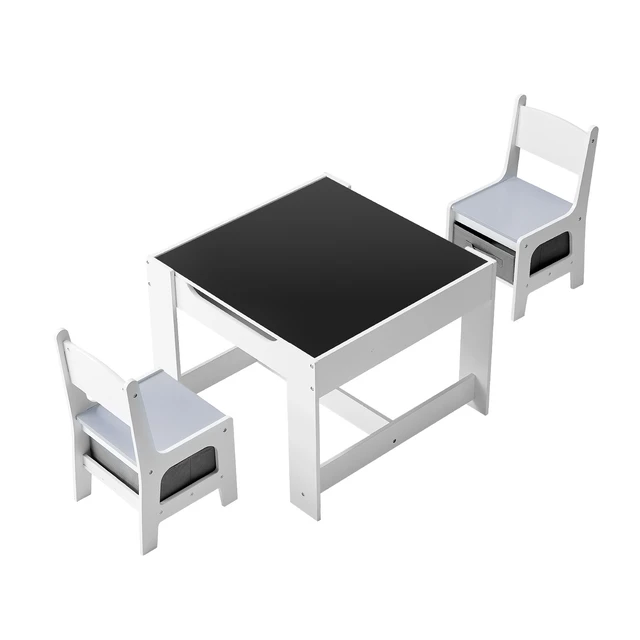 Alt view image 9 of 9 - Kids Table and 2 Chairs Set, Toddler Table and Chair Set with Storage Space under the Table, Cloth Storage Box under the Chairs, Wooden Desk for Art, Craft, Reading, Learning, Drawing, White