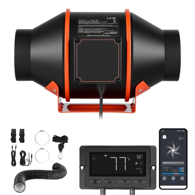 Alt view image 8 of 8 - VEVOR Inline Duct Fan Kit Carbon Filter, 205 CFM 4 inch EC Motor Exhaust Ventilation Fan with 10-Speed, PWM Controller, App Control, Timer, Cooling System for Grow Tent, Indoor Gardening, Hydroponics