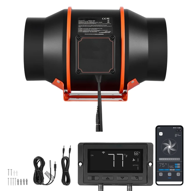 Alt view image 8 of 8 - VEVOR Inline Duct Fan, 402 CFM 6 inch EC Motor Exhaust Ventilation Fan with 10-Speed, PWM Controller, App Control, Temperature Humidity Sensor, Cooling for Grow Tent, Indoor Gardening, Hydroponics