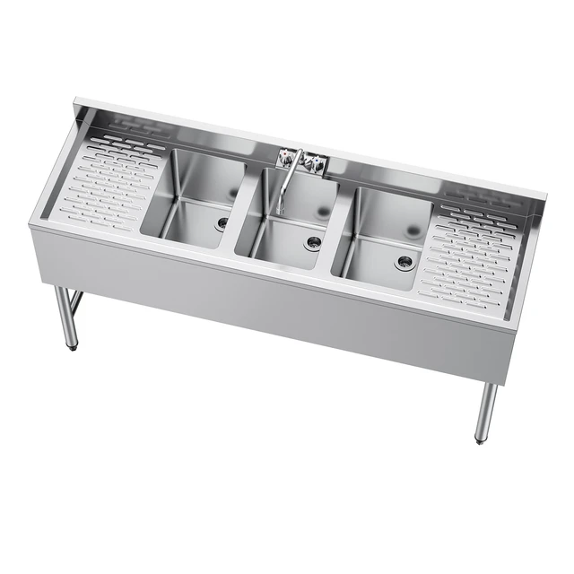 Alt view image 2 of 2 - Vevor 3 Compartment Sink, 18-Gauge 304 Stainless Steel, 10" x 14" x 10" Bowl Size, 3 Bay Commercial Under Bar Sink with Double Drainboard and Backsplash for Kitchen, Restaurant, Food Truck & Home Use