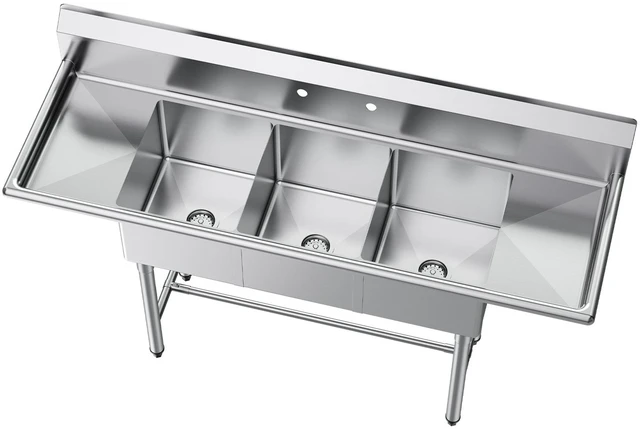 Main image of VEVOR 3 Compartment Sink, 18-Gauge 304 Stainless Steel, 14" x 16" x 11" Bowl Size, 3 Bay Commercial Kitchen Prep & Utility Sink with 2 Drainboards and Backsplash for Restaurant, Food Truck & Home Use