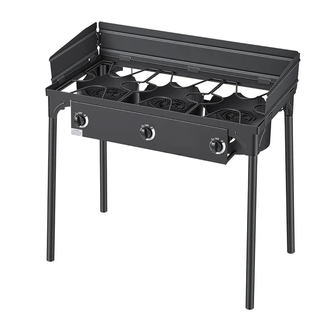 Alt view image 8 of 8 - VEVOR 3 Burner Outdoor Propane Gas Stove, 225,000 BTU Propane LPG Gas Camping Stove, Heavy-duty Carbon Steel Outdoor Cooker, with Shield & Tall Stand & Regulator, for BBQ Camp Home Patio Backyard