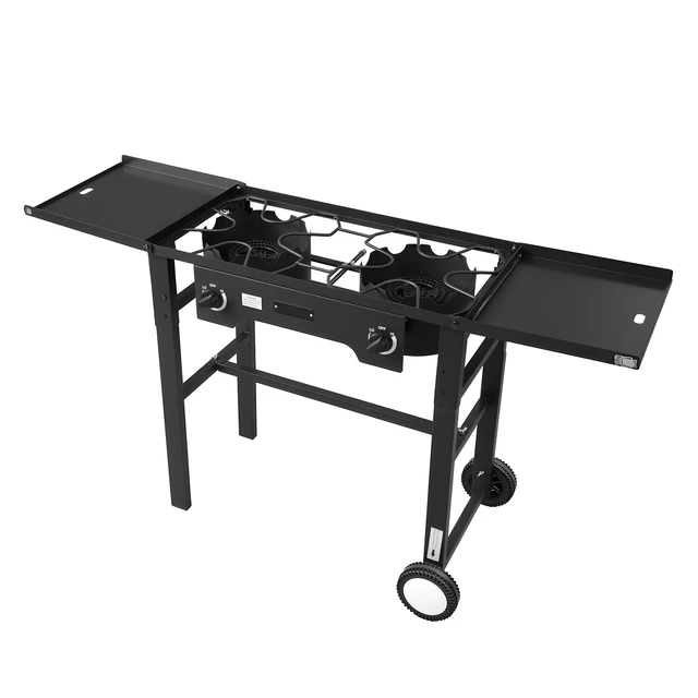 Alt view image 8 of 8 - VEVOR 2 Burner Outdoor Propane Gas Stove, 150,000 BTU Propane LPG Gas Camping Stove, Foldable Heavy-duty Carbon Steel Outdoor Cooker, with Wheels & Shield & 20 PSI Regulator, for BBQ Camp Home Patio