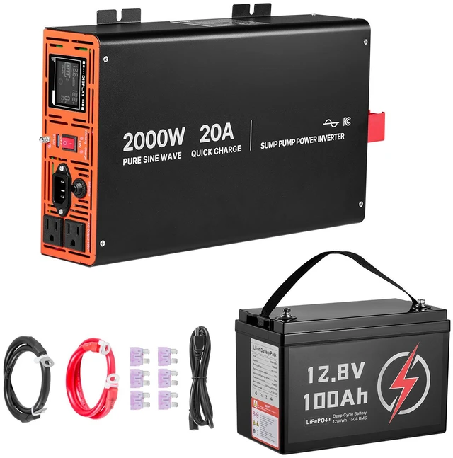 Main image of VEVOR Sump Pump Battery Bundle, 2000W, Backup System with 100 Ah LiFePO4 Battery, Auto Switches to Inverter for Sump Pump, Pure Sine Wave, LCD Display, for Basement Protection Emergency Power Outage
