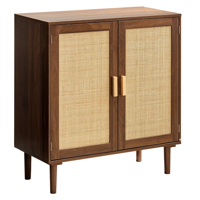 Alt view image 7 of 7 - VEVOR Rattan Cabinet, Rattan Storage Cabinet with 2 Magnetic Doors and Adjustable Shelves, Accent Sideboard Buffet with Wooden Legs & Power Cord Hole for Hallway, Entryway, Living Room, Kitchen, Khaki