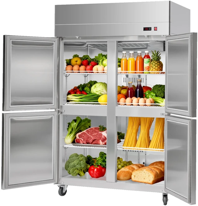 Main image of Commercial Reach-In Refrigerator 48" W, 32 Cu.Ft Stainless Steel Upright Refrigerator with 4 Doors, Auto-Defrost, 6 Adjustable Shelves, 32 to 50 Temp Control, UL Certified