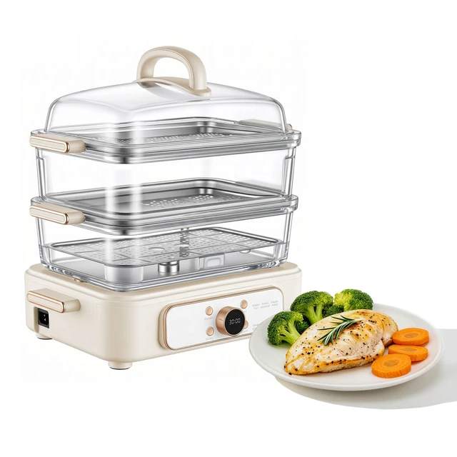 Alt view image 2 of 2 - VEVOR Electric Food Steamer 10.6 QT Glass with 3-Tier Stainless Steel Trays, 1200W Vegetable Steamer for Cooking, 2-4 Servings, Pre-Programmed Settings, Delay Start, for Veggies, Seafood & Rice, White