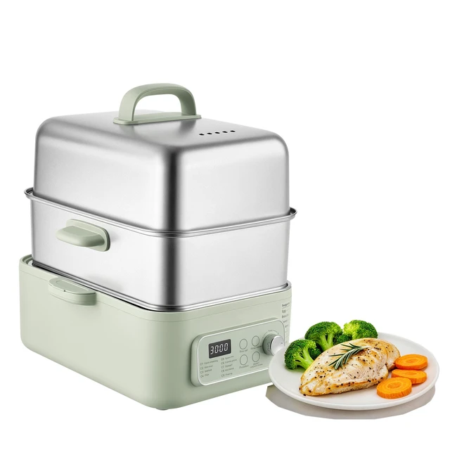Alt view image 2 of 2 - VEVOR Electric Food Steamer 13.7 QT 2-Tier Stainless Steel for 3-6 Servings, 1500W Vegetable & Meal Steamer for Cooking with 9 Pre-Programmed Settings, Keep Warm, for Veggies, Seafood & Rice, Green