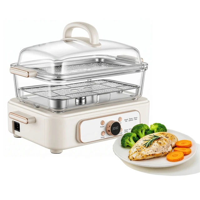 Alt view image 2 of 2 - VEVOR Electric Food Steamer 6.3 QT Glass with 2-Tier Stainless Steel Trays, 1200W Vegetable Steamer for Cooking, 1-3 Servings, Pre-Programmed Settings, Delay Start, for Veggies, Seafood & Rice, White