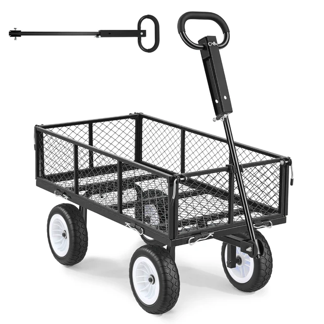 Alt view image 8 of 8 - VEVOR Garden Cart, 900 LBS, Heavy Duty Steel Yard and Garden Utility Wagon with 10-Inch Tires, Outdoor Gardening Stool with Adjustable Handle, Detachable Side Panels, Attach to ATV or Tractor, Black