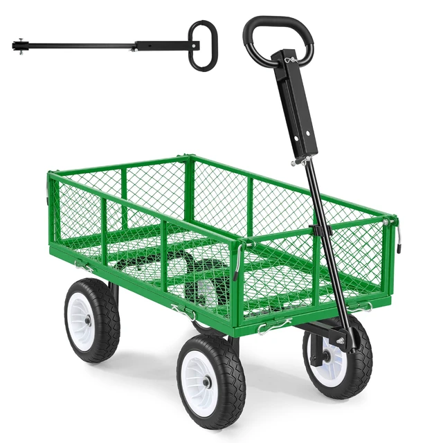 Alt view image 8 of 8 - VEVOR Garden Cart, 900 LBS, Heavy Duty Steel Yard and Garden Utility Wagon with 10-Inch Tires, Outdoor Gardening Stool with Adjustable Handle, Detachable Side Panels, Attach to ATV or Tractor, Green