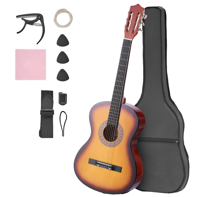 Alt view image 9 of 9 - VEVOR Classical Guitar 38 in Guitar Beginner Starter Kit Nylon Strings Sunburst