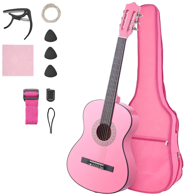 Alt view image 9 of 9 - VEVOR Classical Guitar 38 in Guitar Beginner Starter Kit with Nylon Strings Pink