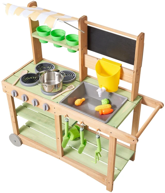 Alt view image 2 of 2 - Vevor Mud Kitchen, Outdoor Mud Kitchen for Kids, Wood Outdoor Play Kitchens with Spoons, Sink, Sunshade Canopy, Swivel Wheels, Cookware Pots and Accessories, Wooden Play Kitchens for Home, Lawn